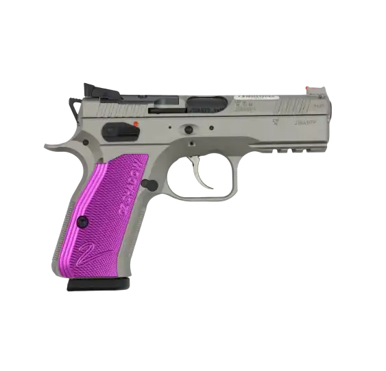 CZ Shadow II Compact OR Titan Violett 9mm Sportpistole mit titanfarbenem Rahmen und violetten Griffschalen, Seitenansicht von rechts vor weißem Hintergrund CZ Shadow II Compact OR Titan Violett 9mm Sportpistole mit titanfarbenem Rahmen und violetten Griffschalen, Seitenansicht von rechts vor weißem Hintergrund