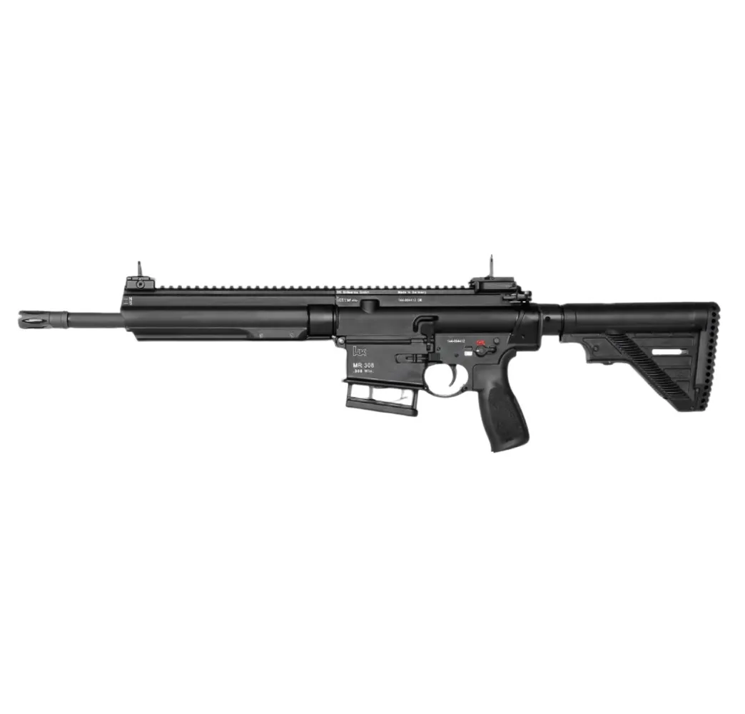 Heckler und Koch MR308 A3 Sport Selbstladebüchse .308 Win. mit 13-Zoll-Lauf in Schwarz, Seitenansicht vor weißem Hintergrund