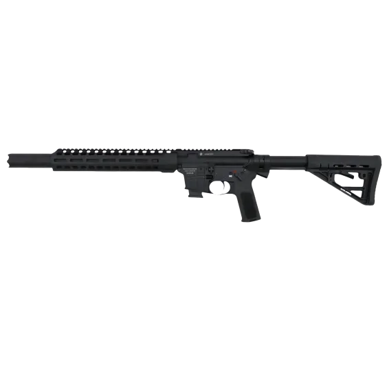 Schmeisser AR15-S4F SD 9mm Selbstladekarabiner mit Integralschalldämpfer, linke Seitenansicht vor weißem Hintergrund