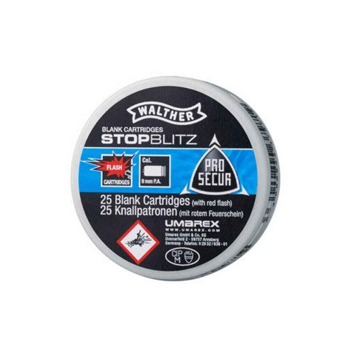 Walther Stop Blitz Platzpatronen 9 mm P.A.K. 25 Stück Dose mit rotem Feuerschein, Produktetikett Vorderseite