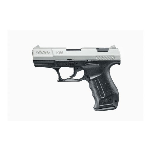 Walther P99 9mm P.A.K. Schreckschusspistole, rechte Seitenansicht vor weißem Hintergrund