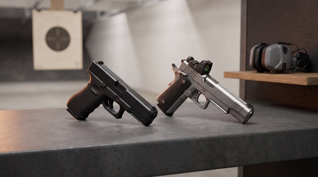 Zwei moderne 9mm Sportpistolen auf einer Schiessstand-Ablage, links mit Polymerrahmen, rechts mit Stahlrahmen und Reflexvisier