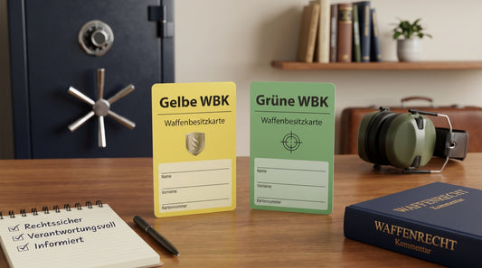Gelbe und grüne Waffenbesitzkarte (WBK) auf einem Schreibtisch mit Tresor, Gehörschutz und Waffenrecht-Kommentar