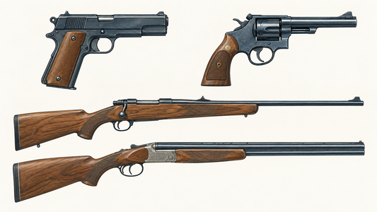 Stilisierte Seitenansichten einer Pistole, eines Revolvers, einer Büchse und einer Flinte (KI-generiertes Bild).
