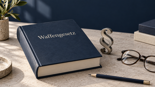 Gesetzbuch mit der Aufschrift Waffengesetz und Paragraphenzeichen auf einem Schreibtisch.