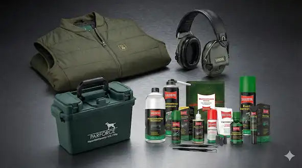 Ausrüstung Kollektion mit Schutzkleidung, Gehörschutz, Munitionsbox und Waffenpflegeprodukten