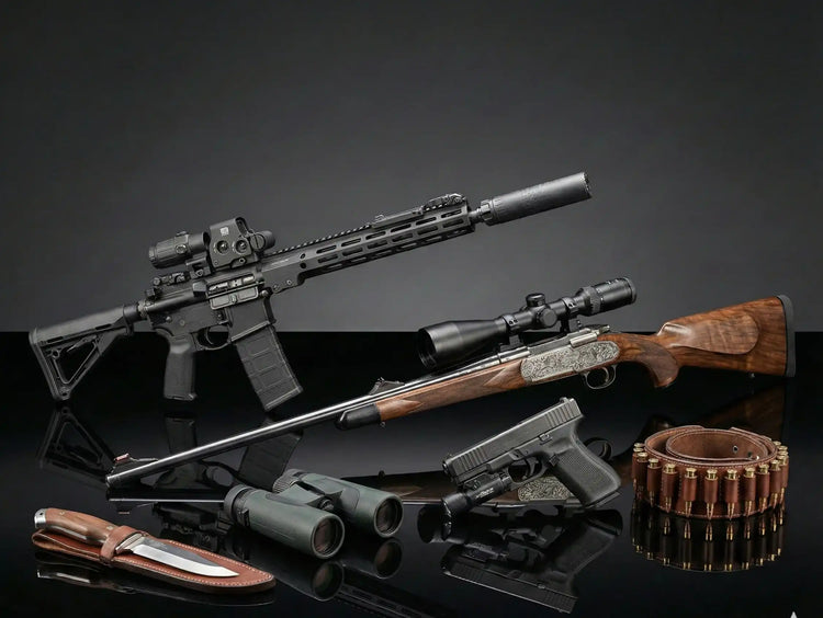 Bestseller Kollektion mit Gewehr, Büchse, Pistole und Jagdzubehör auf schwarzem Hintergrund