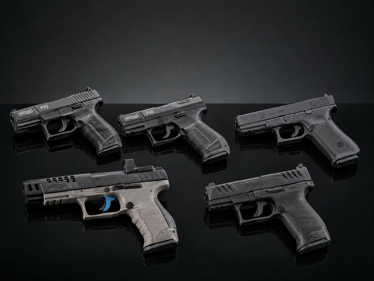 Freie Waffen Kollektion mit Schreckschuss- und CO2-Pistolen von Walther und Glock auf schwarzem Hintergrund (Symbolbild, mit KI erstellt)