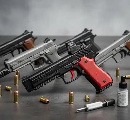 Technisches Sortiment verschiedener Pistolen und Kurzwaffen für den Schießsport, inklusive einer CZ Shadow 2, auf einer Werkbank.