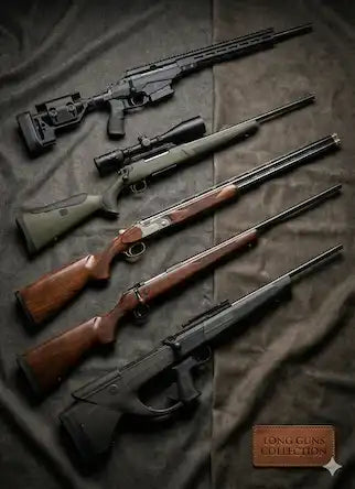 Langwaffen Kollektion mit fünf verschiedenen Büchsen und Flinten auf dunklem Stoffhintergrund