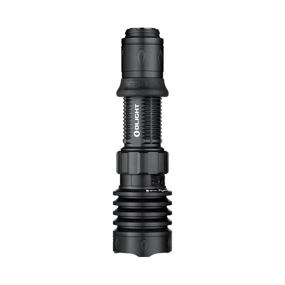 Olight Warrior X 4 in Schwarz mit geöffnetem Ring und freigelegtem USB-C-Anschluss