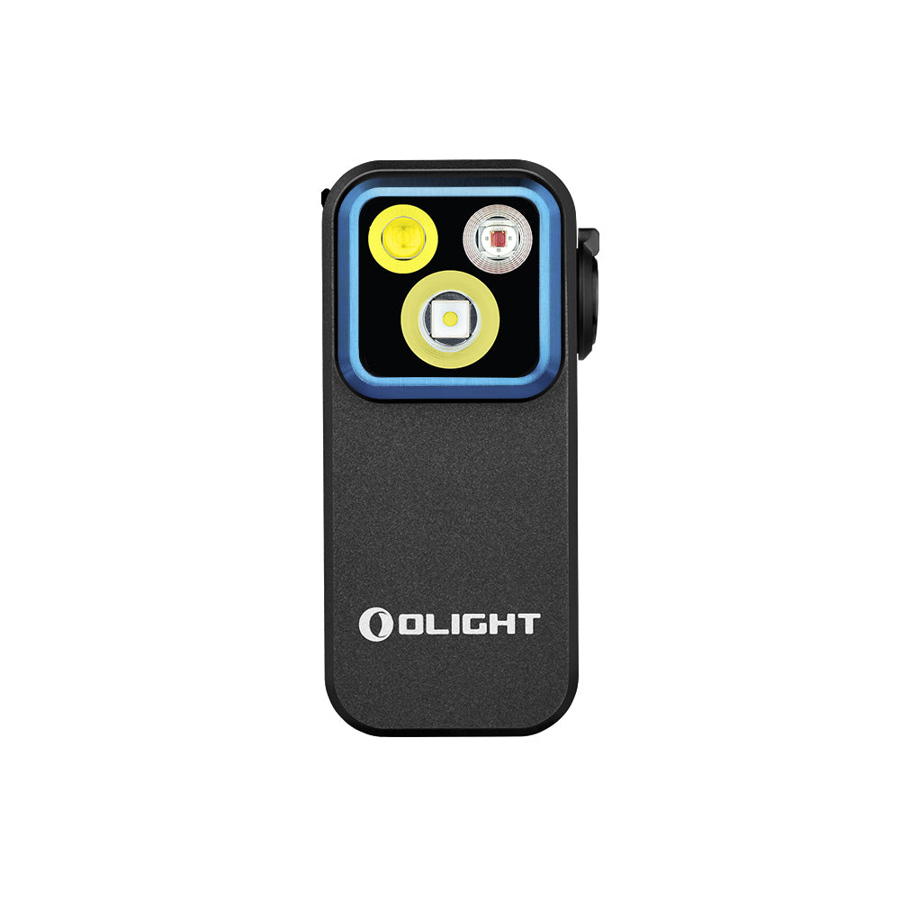 Schwarze Olight Oclip Pro mit drei Lichtquellen in der Vorderansicht