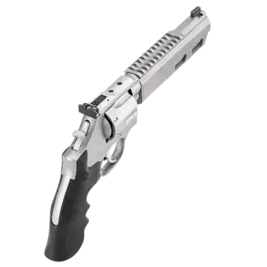 smith and wesson 686 competitor revolver schräg von oben mit schwarzem griff vor weißem hintergrund