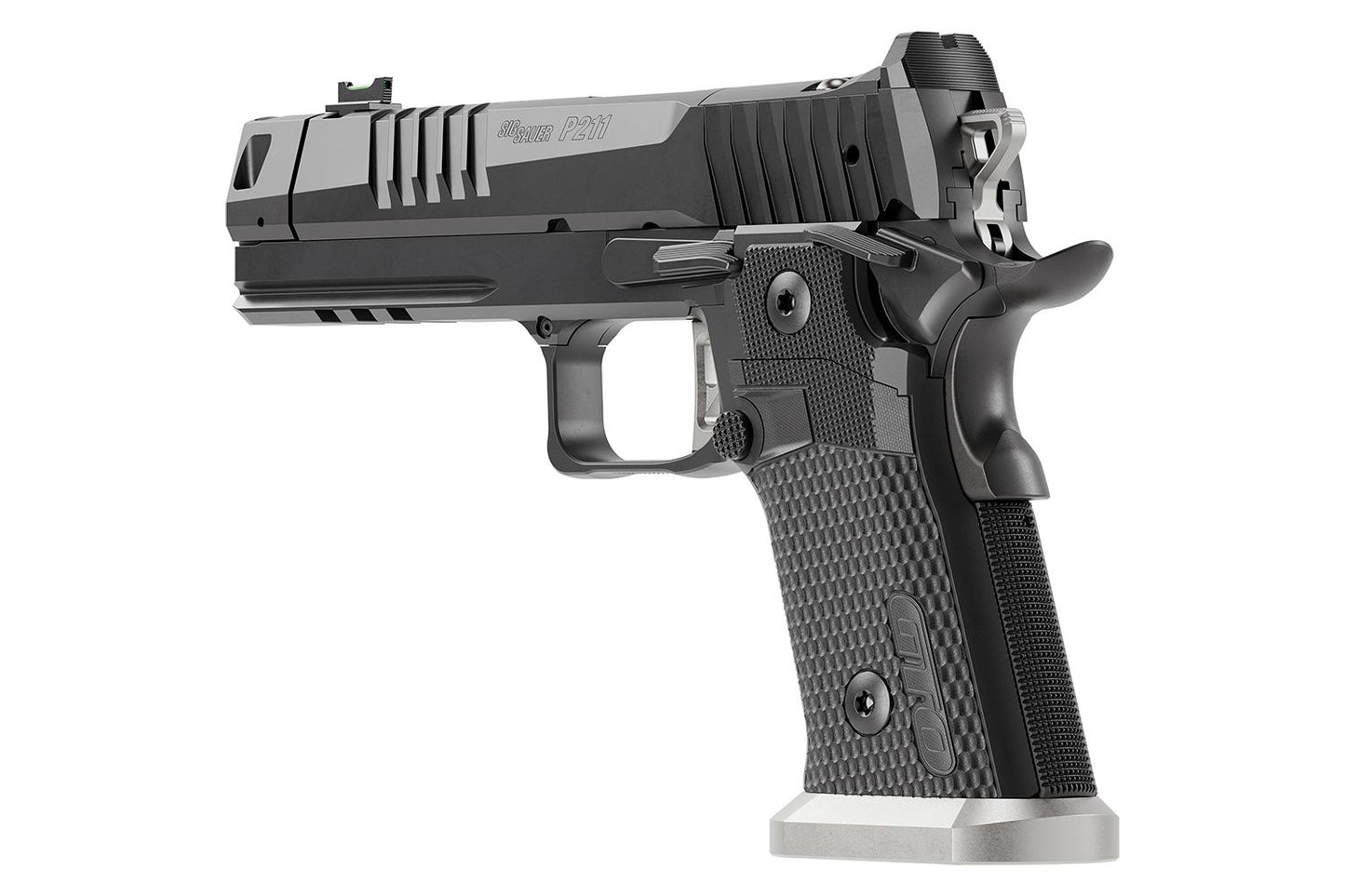 SIG Sauer P211-GTO 9mm Sportpistole, 3D-Ansicht schraeg von rechts vor weissem Hintergrund