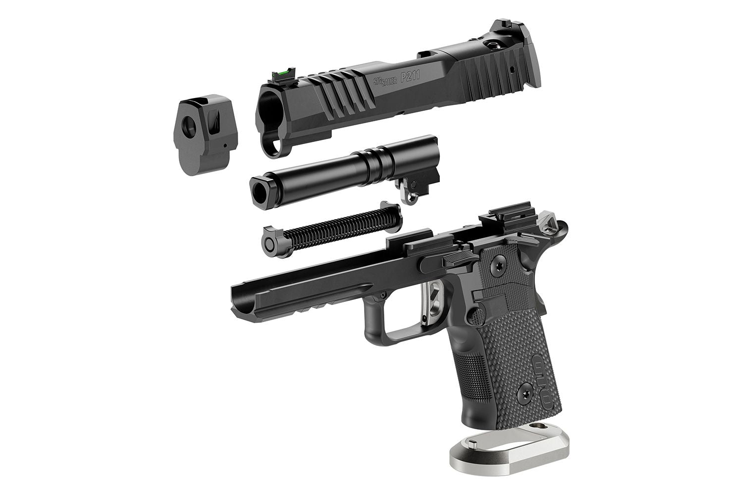 SIG Sauer P211-GTO 9mm Sportpistole, Explosionsansicht vor weissem Hintergrund