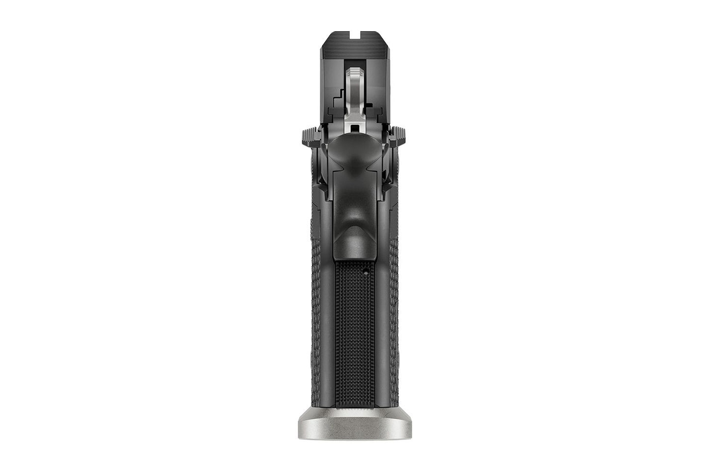 SIG Sauer P211-GTO 9mm Sportpistole, Griffdetail vor weissem Hintergrund