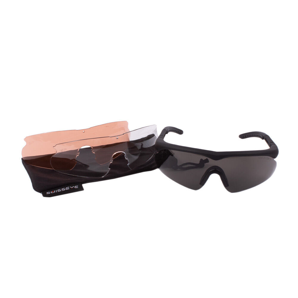 Swiss Eye Raptor M in Schwarz mit Smoke-Scheibe, orangefarbener und klarer Wechselscheibe sowie Mikrofaserbeutel