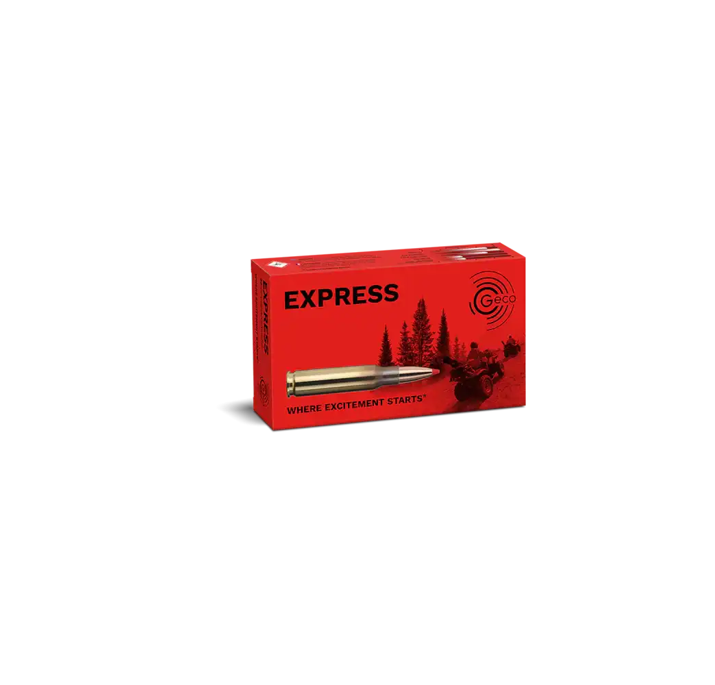 Rote Geco Express Jagdmunition Schachtel mit Büchsenpatrone auf weißem Hintergrund
