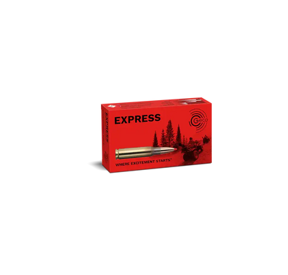 Rote Geco Express Jagdmunition Schachtel mit Büchsenpatrone auf weißem Hintergrund
