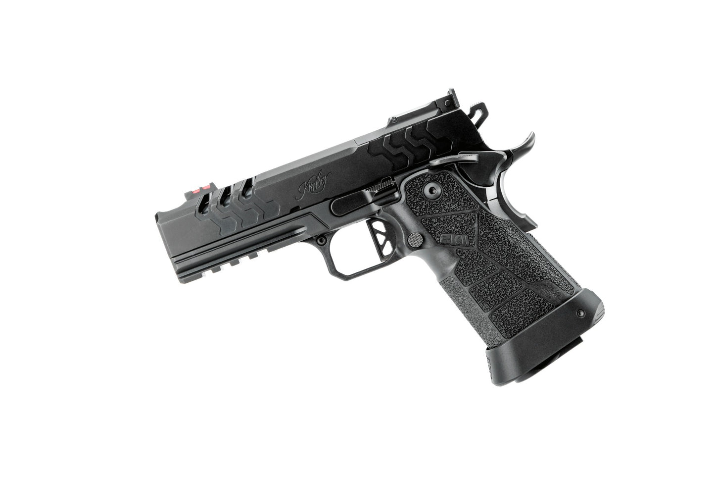 Kimber 2K11 Pro Comp Schwarz 9mm Sportpistole, rechte Seitenansicht Schlitten mit integriertem Kompensator vor weißem Hintergrund