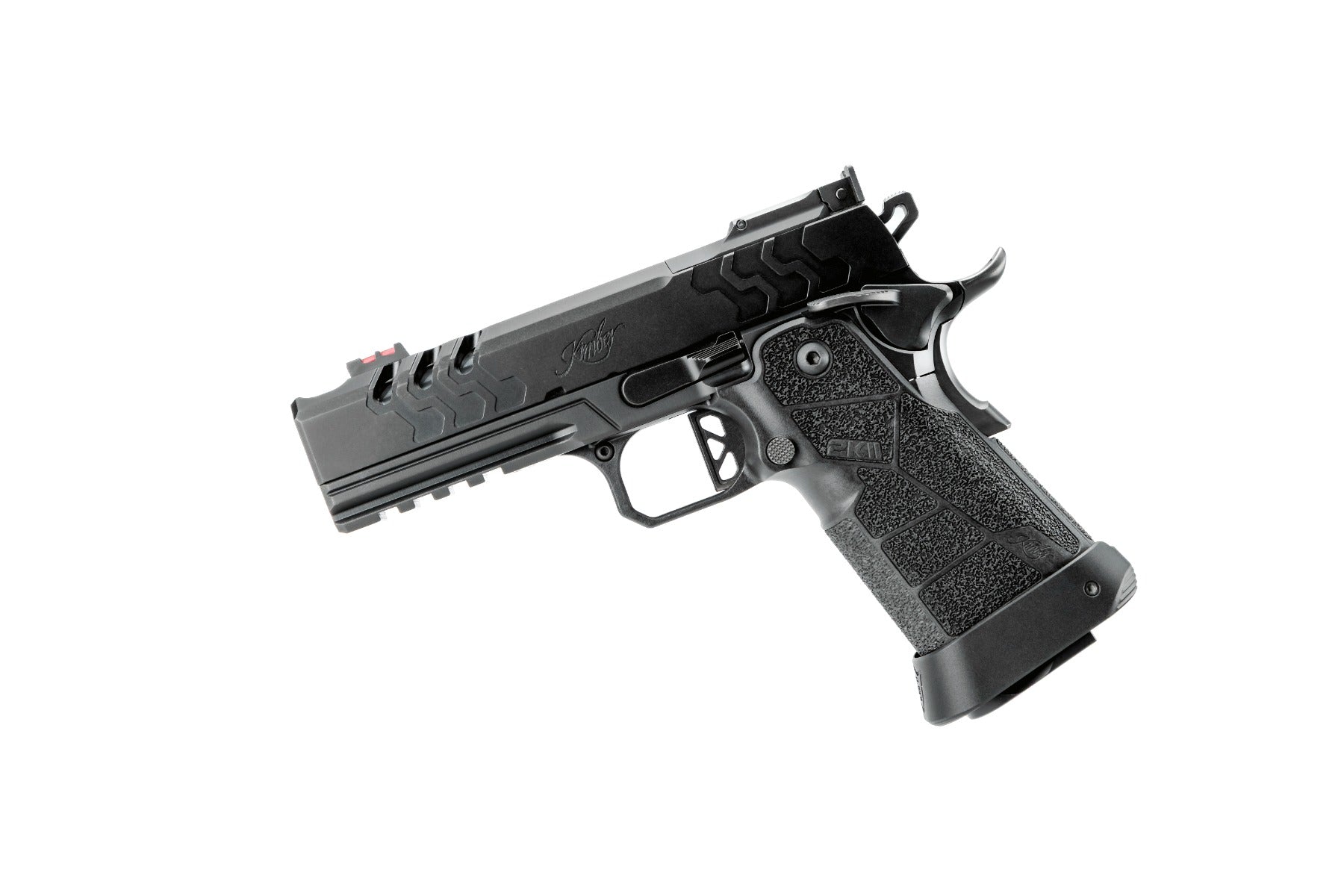 Kimber 2K11 Pro Comp Schwarz 9mm Sportpistole, rechte Seitenansicht Schlitten mit integriertem Kompensator vor weißem Hintergrund