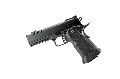 Kimber 2K11 Pro Comp Schwarz 9mm Sportpistole, rechte Seitenansicht Schlitten mit integriertem Kompensator vor weißem Hintergrund