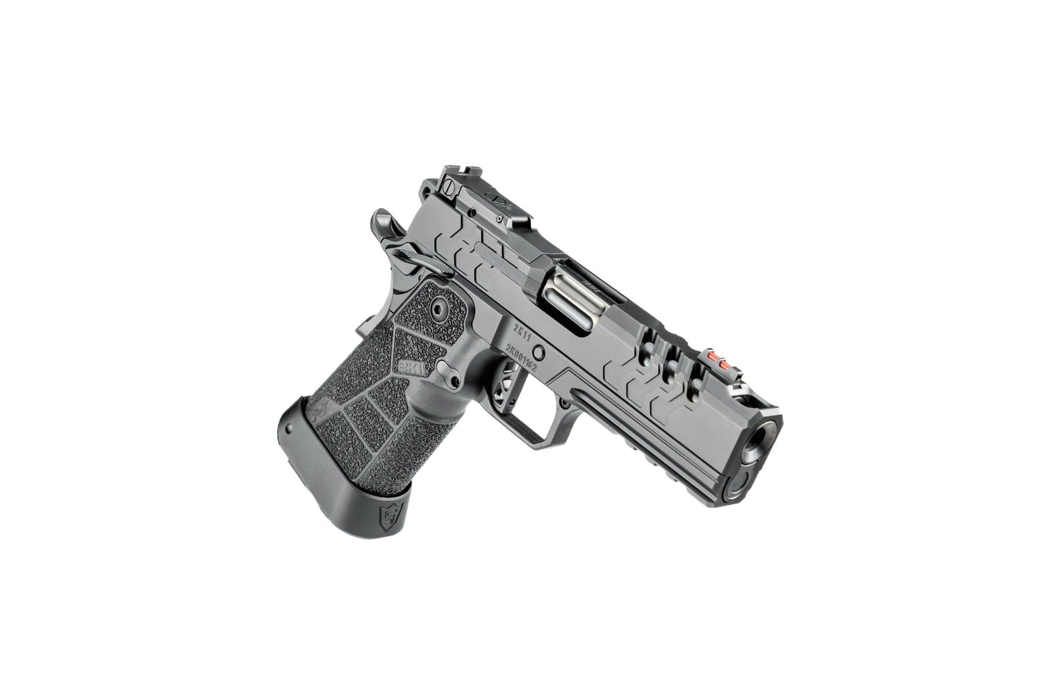 Kimber 2K11 Pro Comp Schwarz 9mm Sportpistole, rechte Seitenansicht Carbonfaser-Griff vor weißem Hintergrund