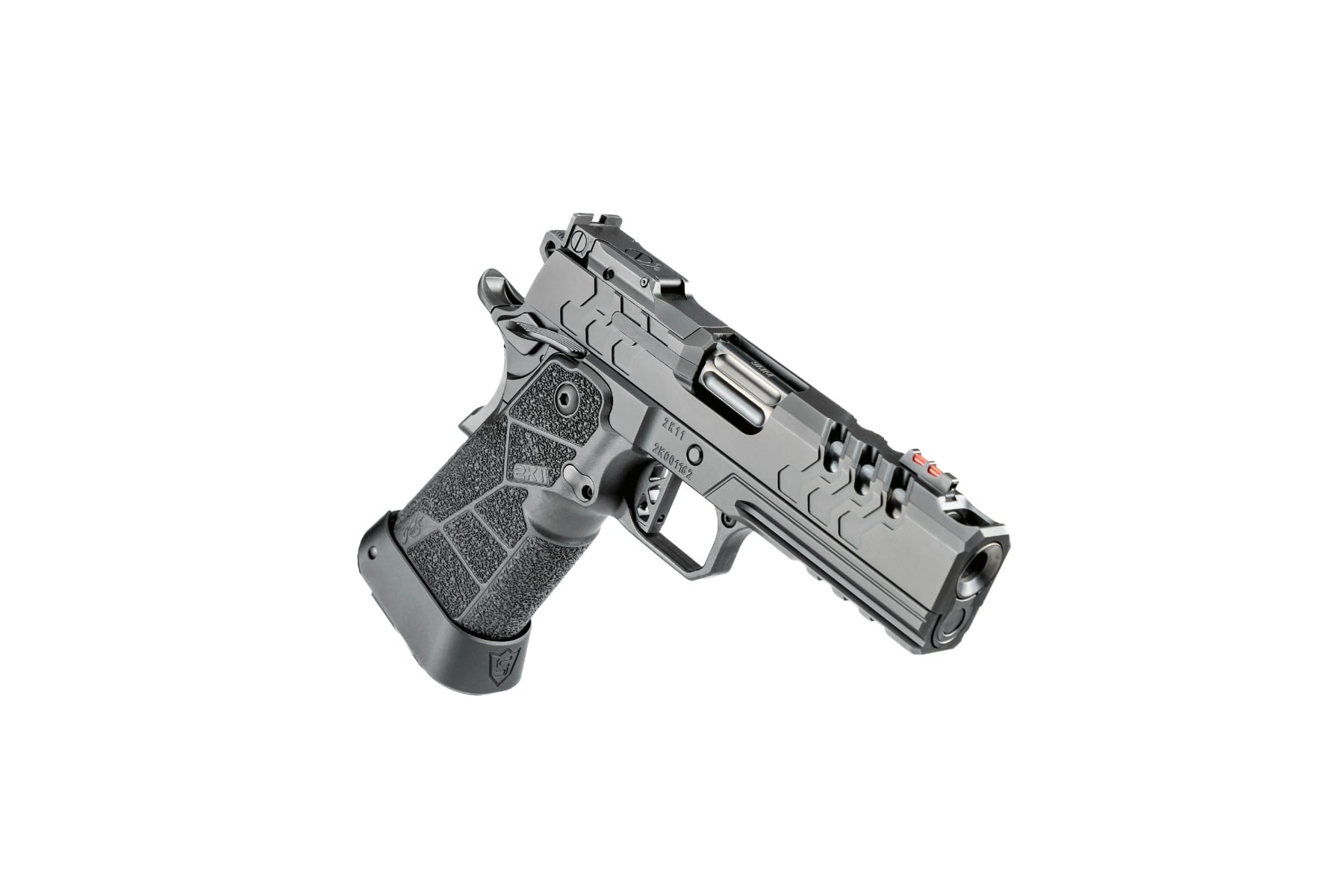 Kimber 2K11 Pro Comp Schwarz 9mm Sportpistole, rechte Seitenansicht Carbonfaser-Griff vor weißem Hintergrund