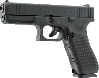 Glock 17 Gen5 Schreckschusspistole 9 mm P.A.K. von links mit Schlittenfanghebel, Magazinhalter und Montageschiene