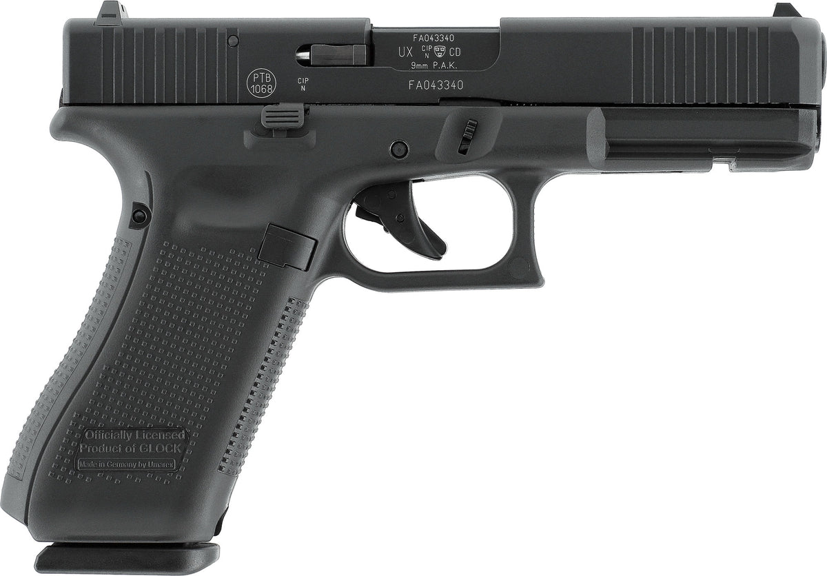 Glock 17 Gen5 Schreckschusspistole 9 mm P.A.K. in der rechten Seitenansicht mit PTB-Zeichen auf dem Schlitten