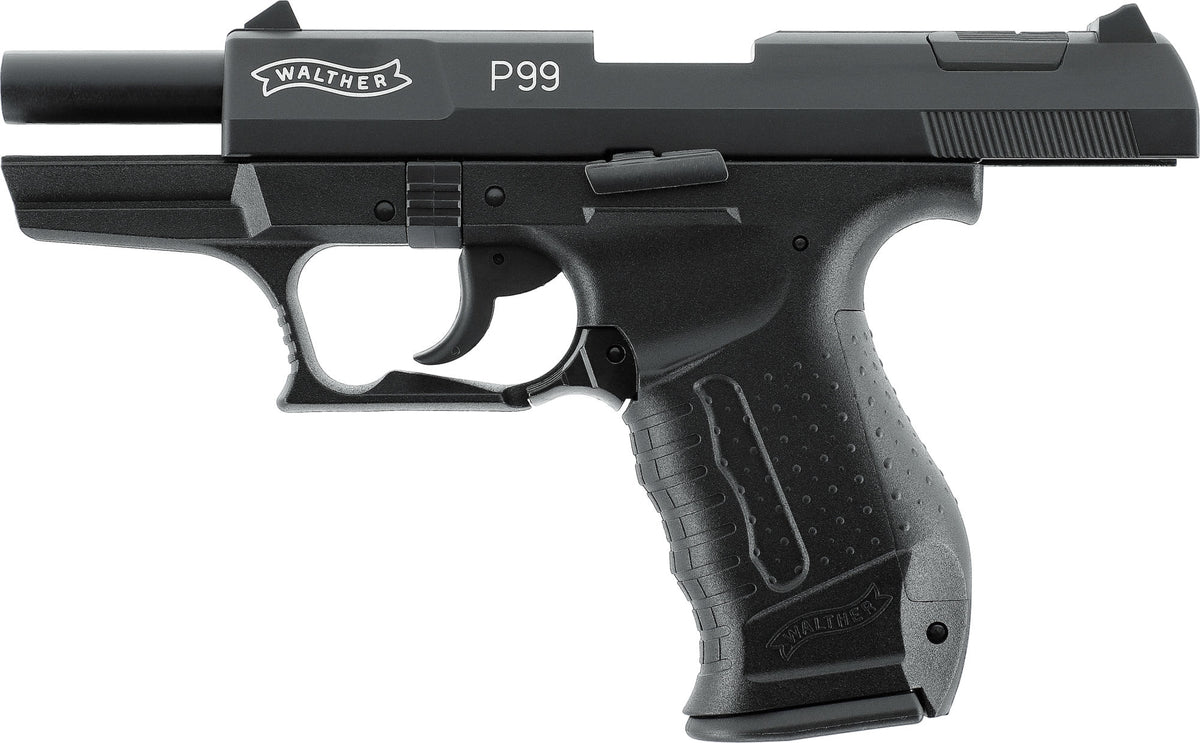 Walther P99 9 mm P.A.K. in Schwarz, linke Seite mit Schlitten in hinterer Position nach dem letzten Schuss