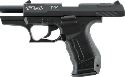 Walther P99 9 mm P.A.K. in Schwarz, linke Seite mit Schlitten in hinterer Position nach dem letzten Schuss