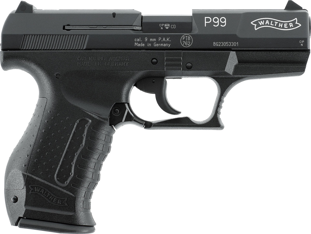 Walther P99 Schreckschusspistole 9 mm P.A.K. in Schwarz, rechte Seite mit PTB-Zeichen 762 und Kaliberangabe auf dem Schlitten