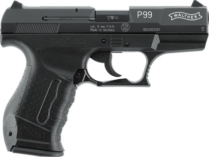 Walther P99 Schreckschusspistole 9 mm P.A.K. in Schwarz, rechte Seite mit PTB-Zeichen 762 und Kaliberangabe auf dem Schlitten