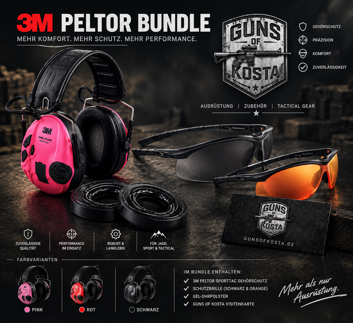 Sportschützen Anfänger Set: 3M Peltor SportTac in Pink mit Gel-Dichtungsringen und Swiss Eye Lancer mit dunkler und orangefarbener Scheibe