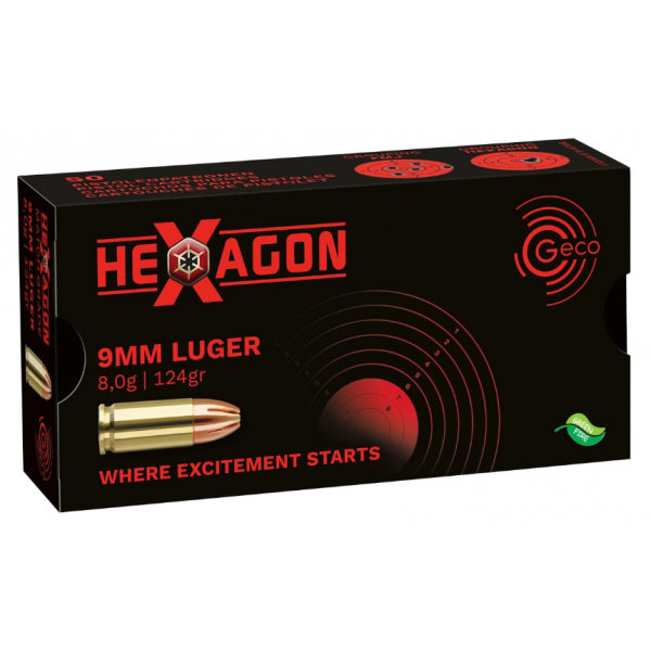 Geco 9 mm Luger Hexagon SX 8,0 g 124 grs Sportmunition, Packung mit 50 Patronen