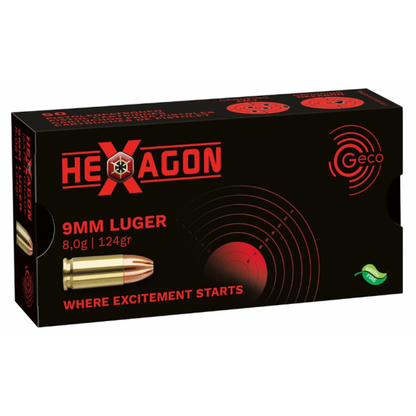 Geco 9 mm Luger Hexagon SX 8,0 g 124 grs Sportmunition, Packung mit 50 Patronen