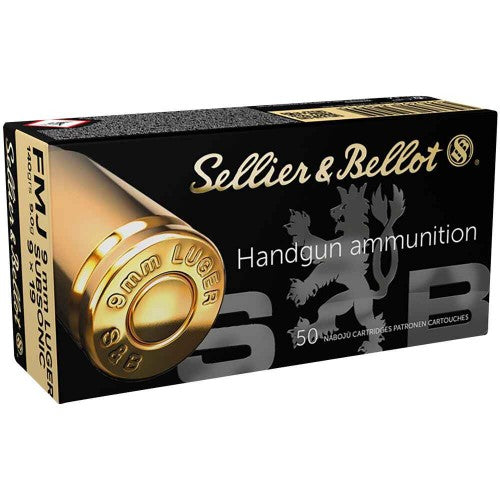 Sellier und Bellot 9mm Luger Vollmantel Subsonic 140grs Patronenschachtel vor weißem Hintergrund