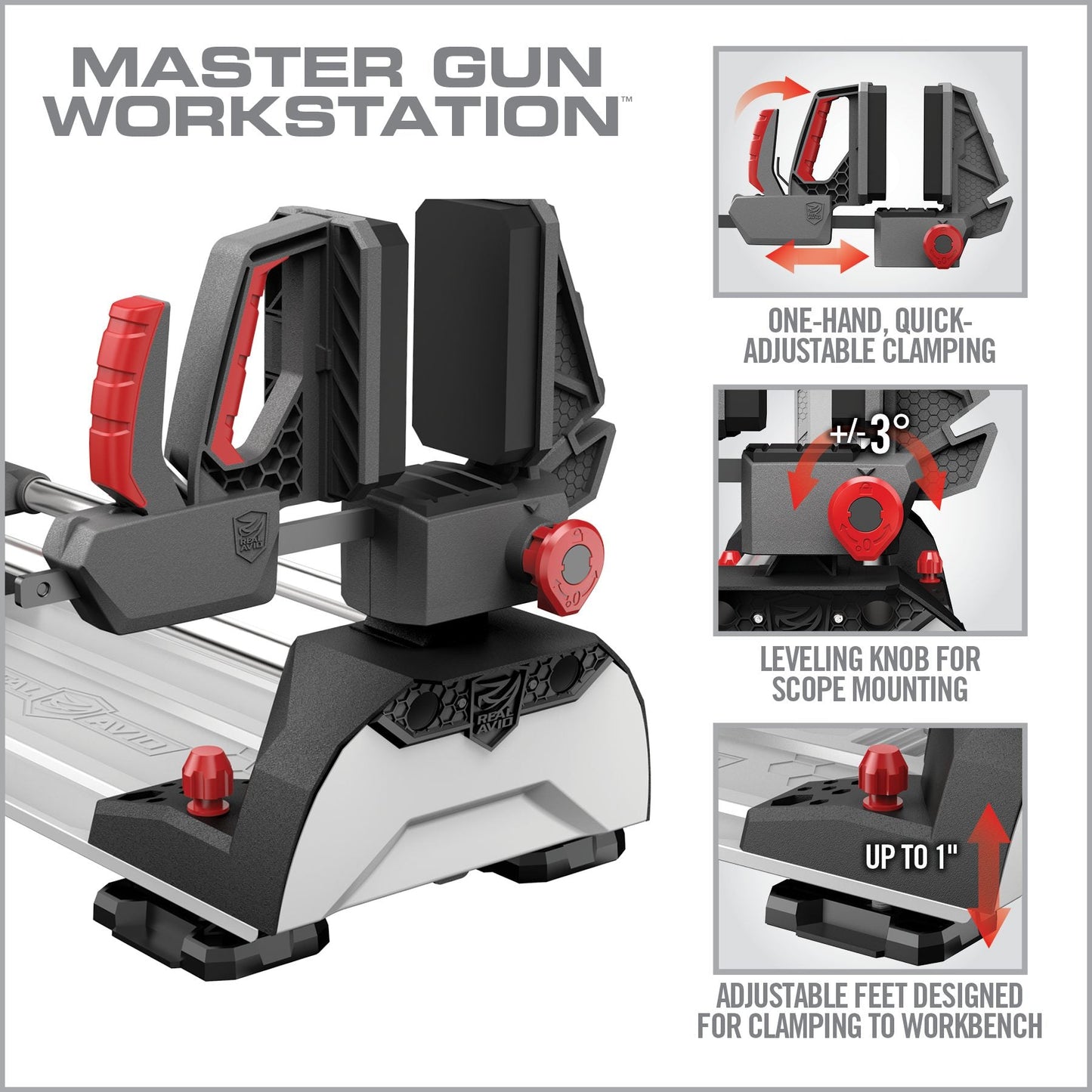 Real Avid Master Gun Workstation: Quick-Adjust Shuttle mit Rail-Yoke-System und 18,3 Zoll Verstellweg
