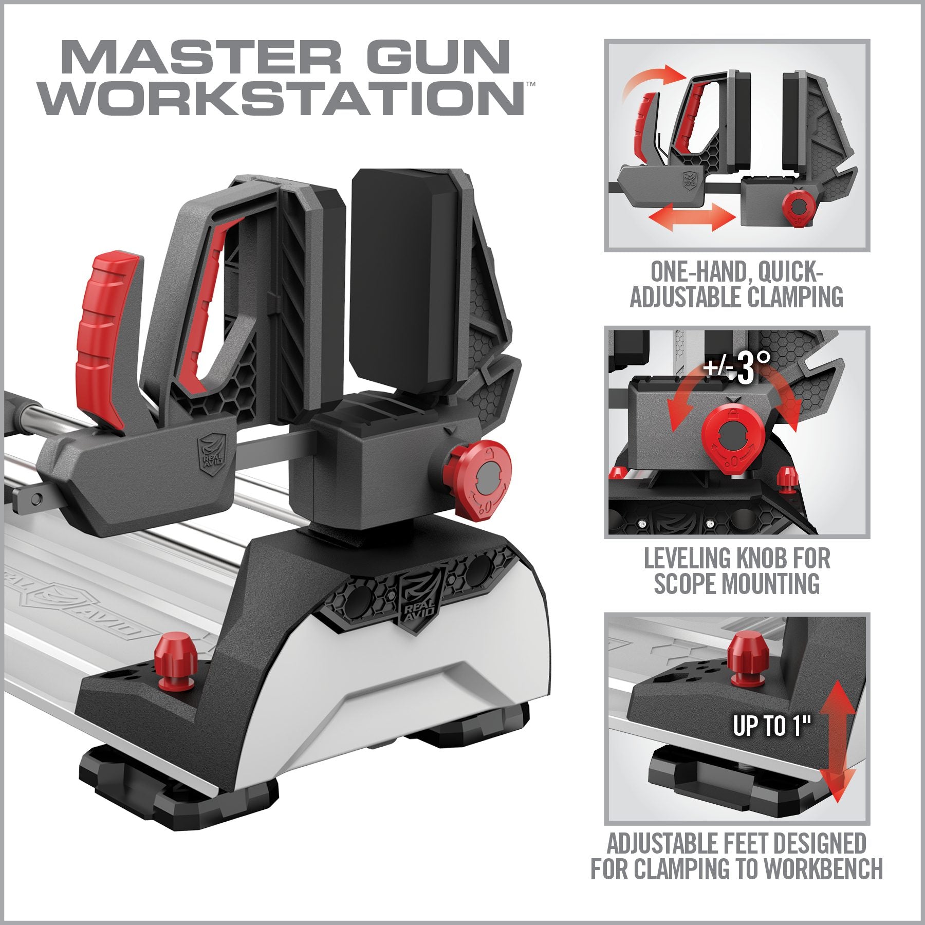 Real Avid Master Gun Workstation: Quick-Adjust Shuttle mit Rail-Yoke-System und 18,3 Zoll Verstellweg