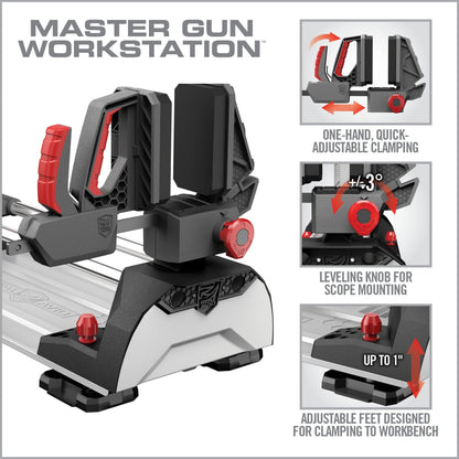 Real Avid Master Gun Workstation: Quick-Adjust Shuttle mit Rail-Yoke-System und 18,3 Zoll Verstellweg