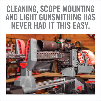 Real Avid Master Gun Workstation: Trigger-Clamp am Hinterschaft mit einhändiger Bedienung und Schaumpolstern