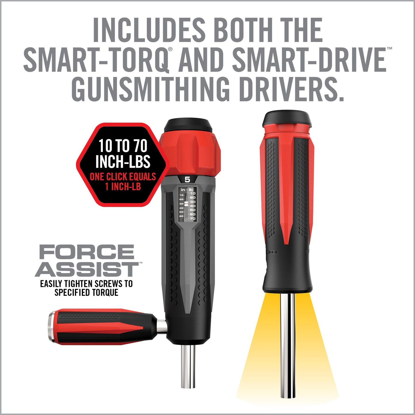 Real Avid Smart Torque Driver Master Set: Koffer geöffnet mit Smart-Torq Handle, Smart-Drive LED-Handle, Force Assist Hebel und 83 Bits