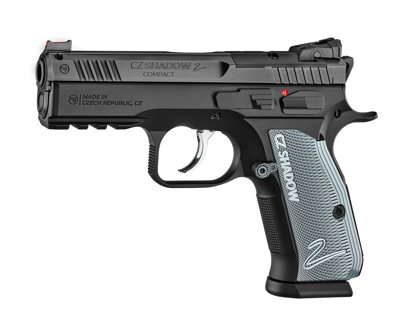 CZ Shadow 2 Compact OR Pistole in Seitenansicht mit grauen Griffschalen und Optics-Ready-Schlitten
