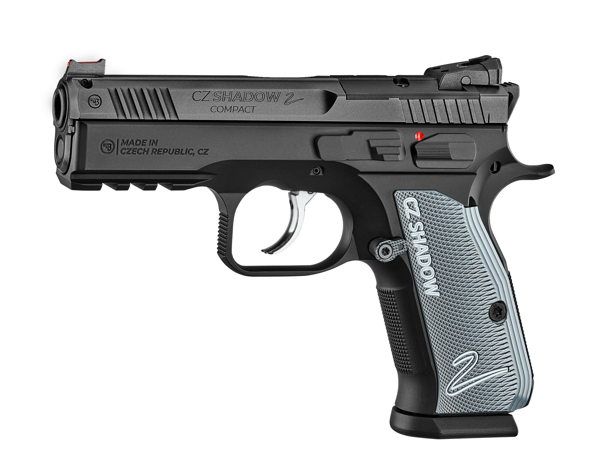 CZ Shadow 2 Compact OR Pistole in Seitenansicht mit grauen Griffschalen und Optics-Ready-Schlitten
