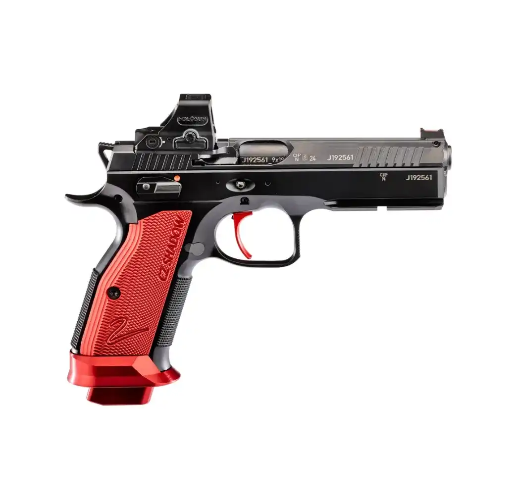 Seitenansicht der Sportpistole CZ Shadow 2 HS 508T Combo Red mit montiertem Holosun Red-Dot-Visier, roten Aluminium-Griffschalen und rotem Magwell.