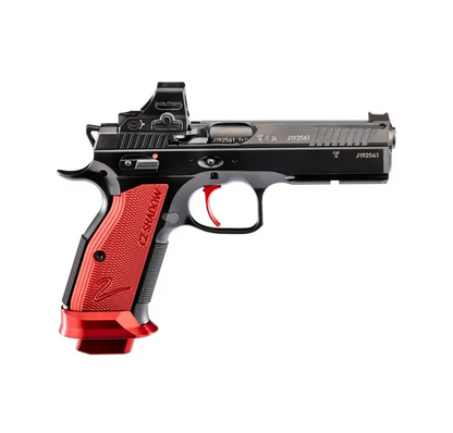 Seitenansicht der Sportpistole CZ Shadow 2 HS 508T Combo Red mit montiertem Holosun Red-Dot-Visier, roten Aluminium-Griffschalen und rotem Magwell.