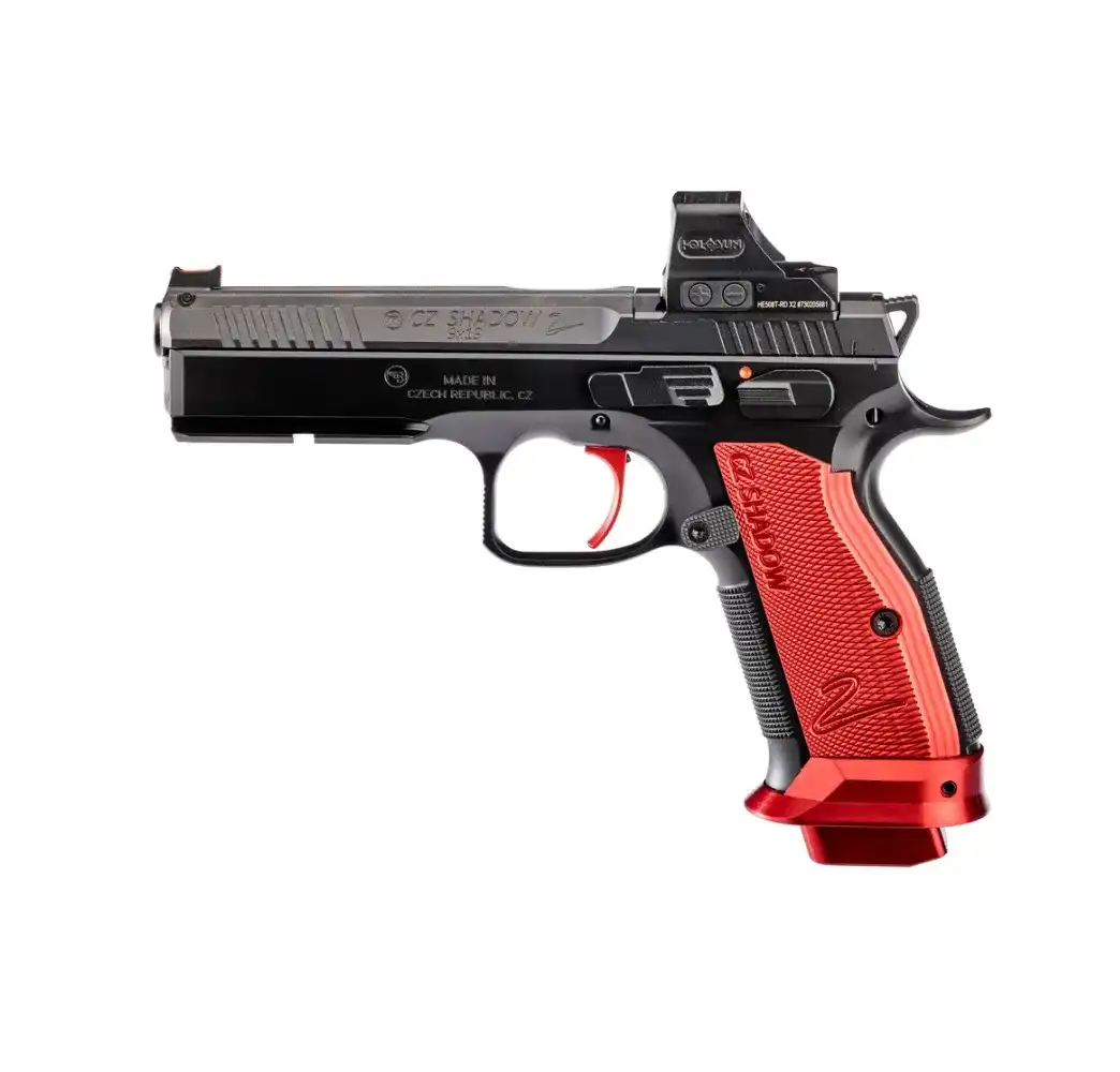 Rechte Seitenansicht der CZ Shadow 2 HS 508T Combo Red Sportpistole, Kaliber 9mm Luger, mit Holosun Visier und roten Aluminium-Griffschalen.