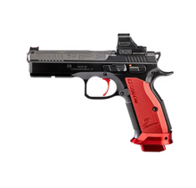 Rechte Seitenansicht der CZ Shadow 2 HS 508T Combo Red Sportpistole, Kaliber 9mm Luger, mit Holosun Visier und roten Aluminium-Griffschalen.