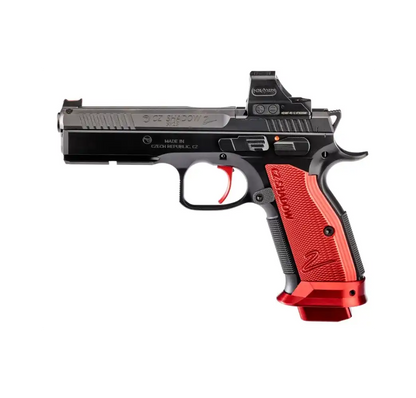 Rechte Seitenansicht der CZ Shadow 2 HS 508T Combo Red Sportpistole, Kaliber 9mm Luger, mit Holosun Visier und roten Aluminium-Griffschalen.